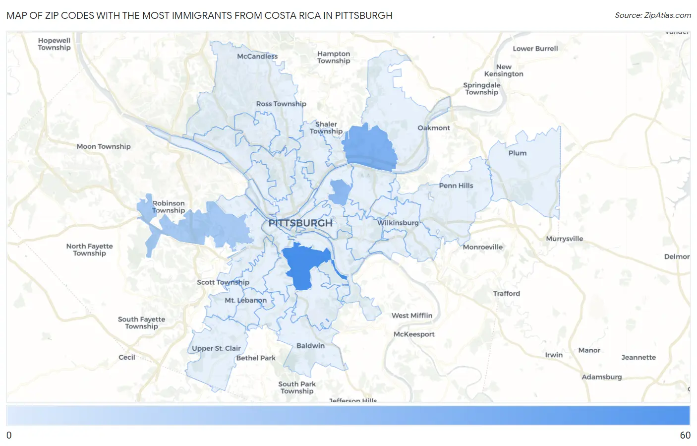 Zip Codes with the Most Immigrants from Costa Rica in Pittsburgh Map