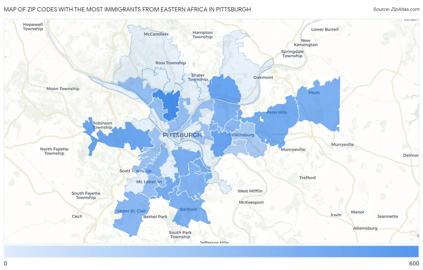 Zip Codes with the Most Immigrants from Eastern Africa in Pittsburgh Map