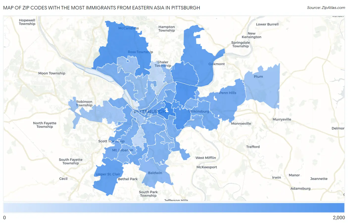 Zip Codes with the Most Immigrants from Eastern Asia in Pittsburgh Map
