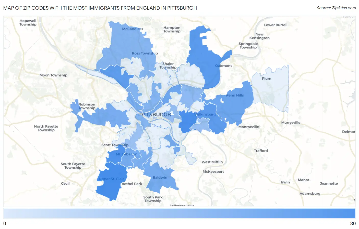 Zip Codes with the Most Immigrants from England in Pittsburgh Map