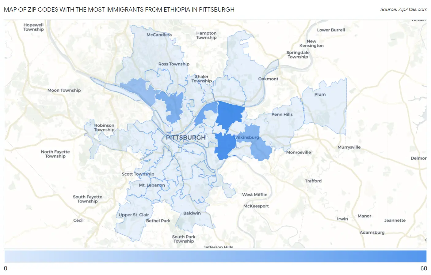 Zip Codes with the Most Immigrants from Ethiopia in Pittsburgh Map
