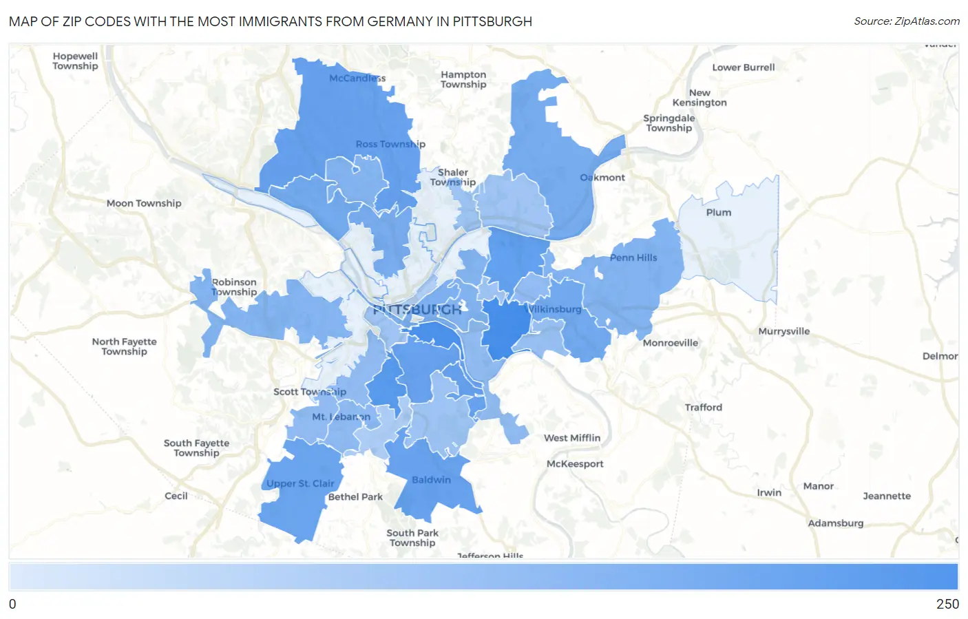 Zip Codes with the Most Immigrants from Germany in Pittsburgh Map