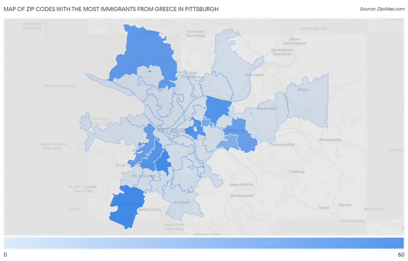 Zip Codes with the Most Immigrants from Greece in Pittsburgh Map