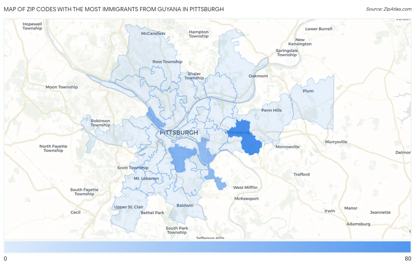 Zip Codes with the Most Immigrants from Guyana in Pittsburgh Map