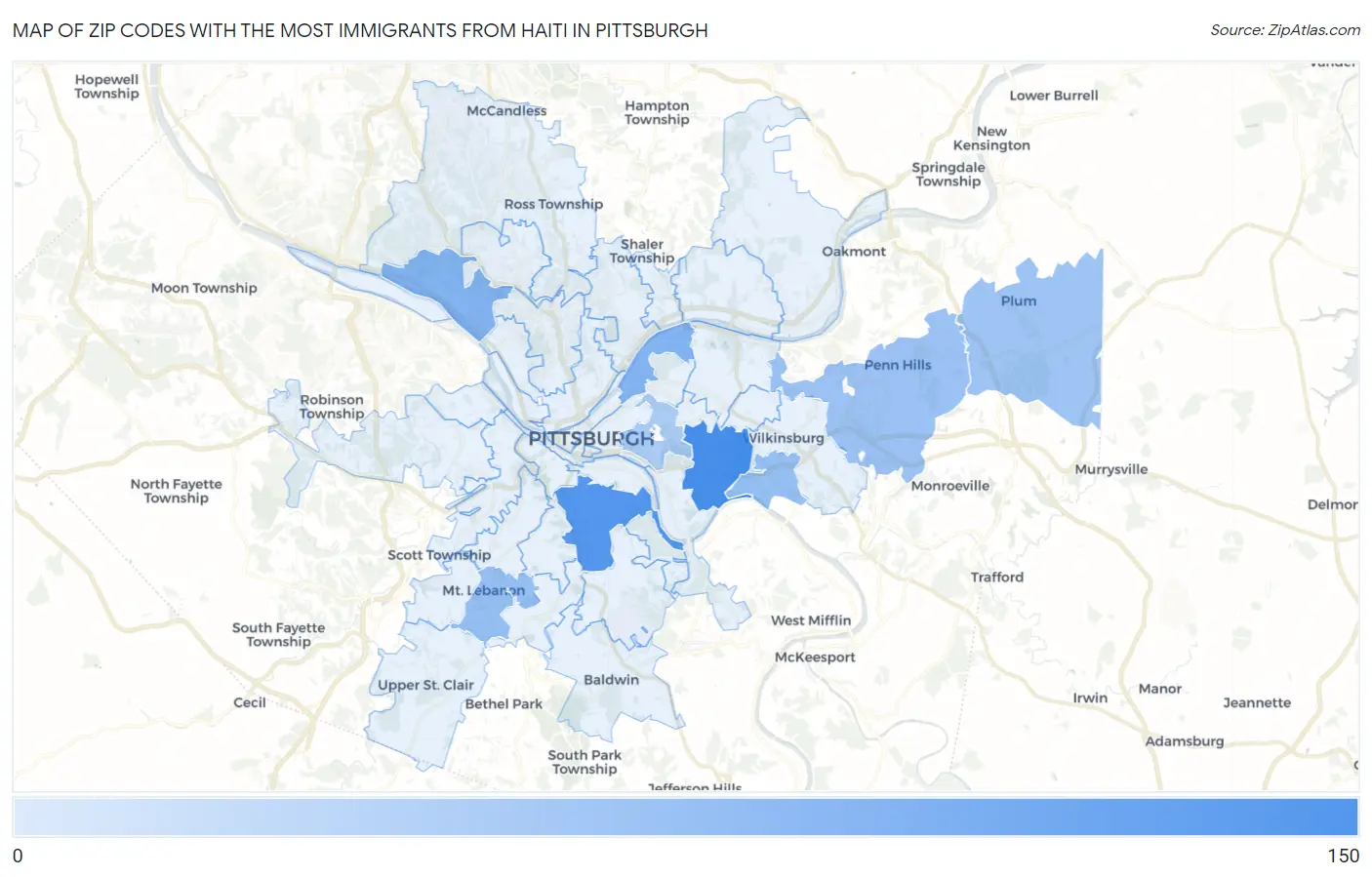 Zip Codes with the Most Immigrants from Haiti in Pittsburgh Map