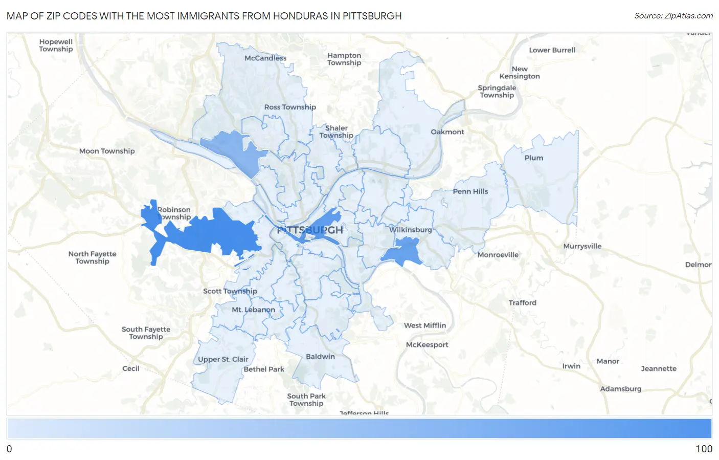 Zip Codes with the Most Immigrants from Honduras in Pittsburgh Map