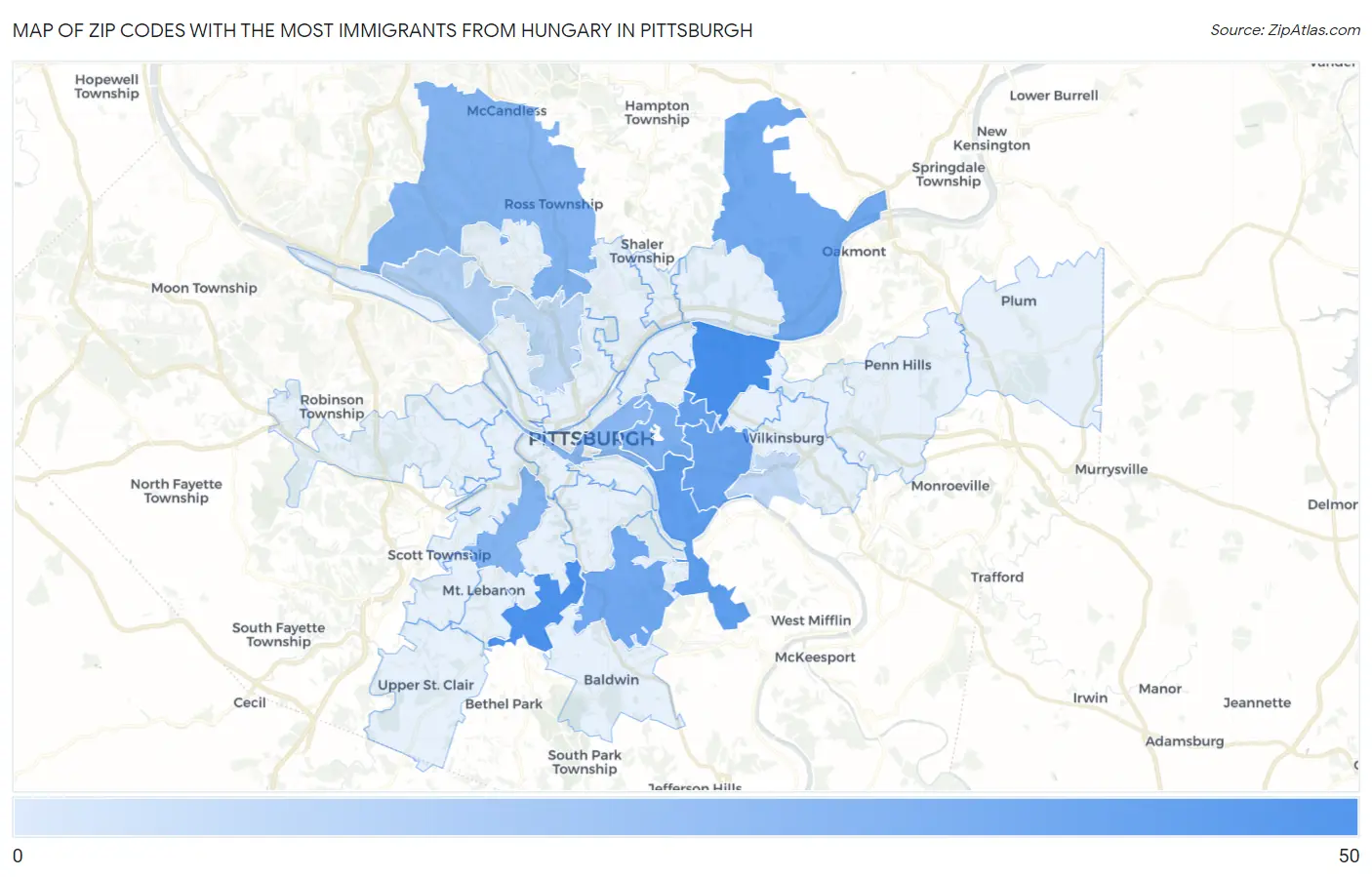 Zip Codes with the Most Immigrants from Hungary in Pittsburgh Map