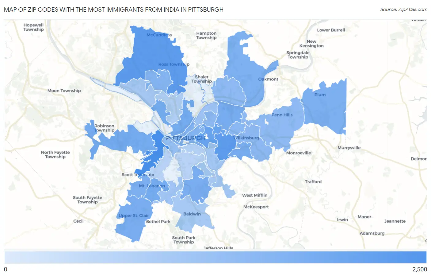 Zip Codes with the Most Immigrants from India in Pittsburgh Map