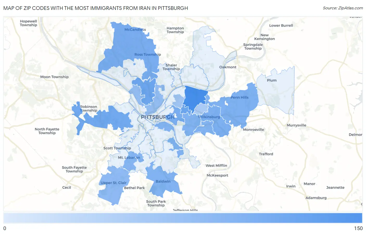 Zip Codes with the Most Immigrants from Iran in Pittsburgh Map