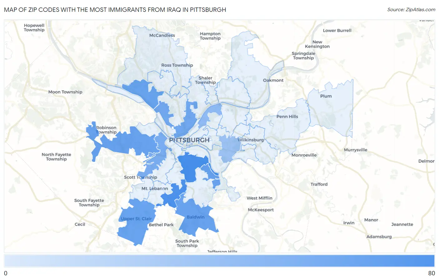 Zip Codes with the Most Immigrants from Iraq in Pittsburgh Map