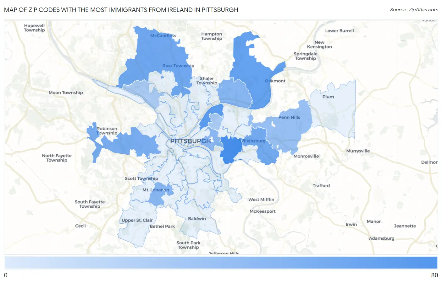 Zip Codes with the Most Immigrants from Ireland in Pittsburgh Map