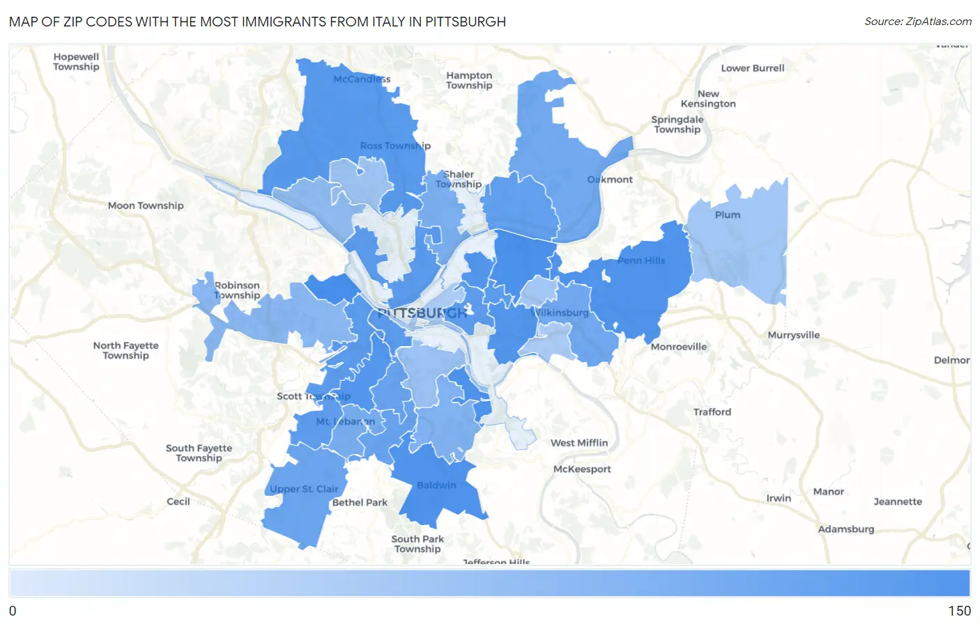 Zip Codes with the Most Immigrants from Italy in Pittsburgh Map