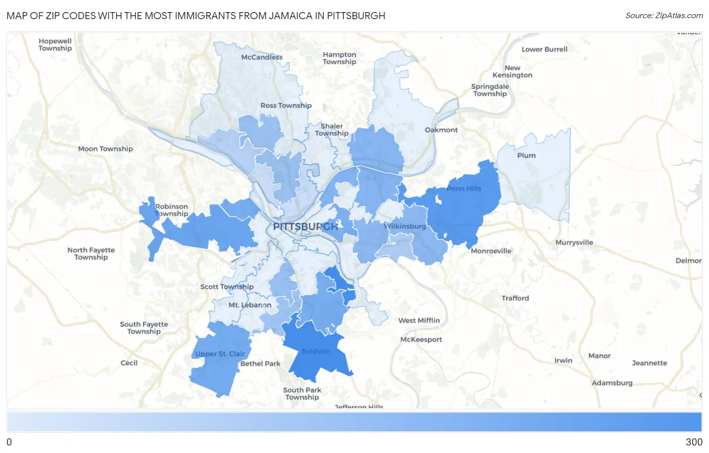 Zip Codes with the Most Immigrants from Jamaica in Pittsburgh Map