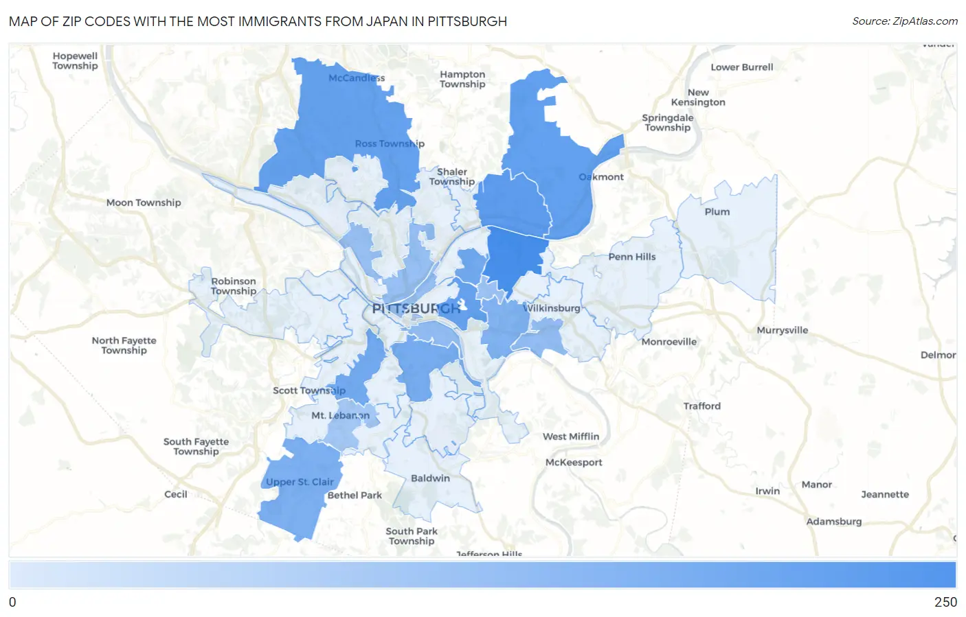 Zip Codes with the Most Immigrants from Japan in Pittsburgh Map