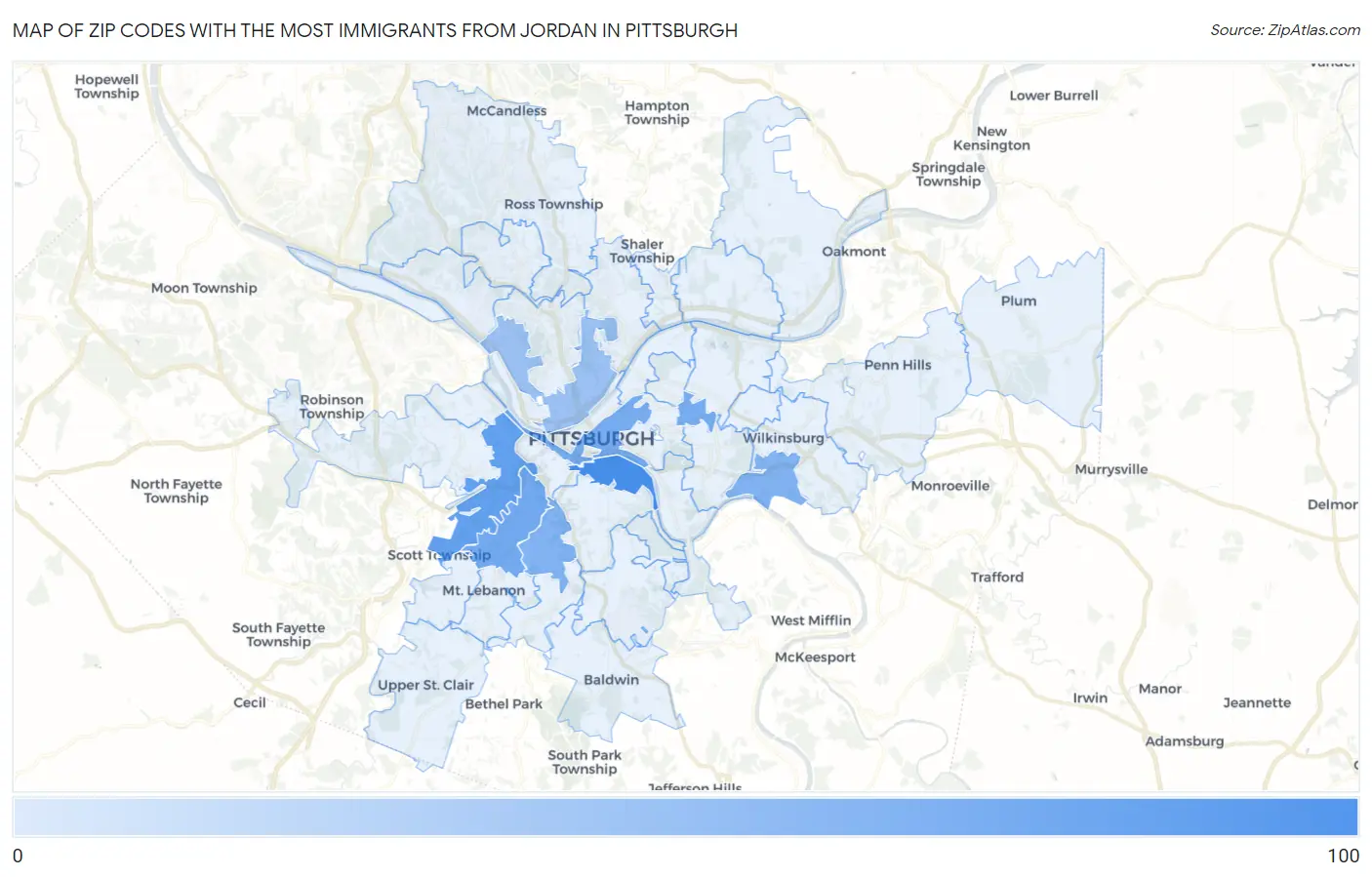 Zip Codes with the Most Immigrants from Jordan in Pittsburgh Map