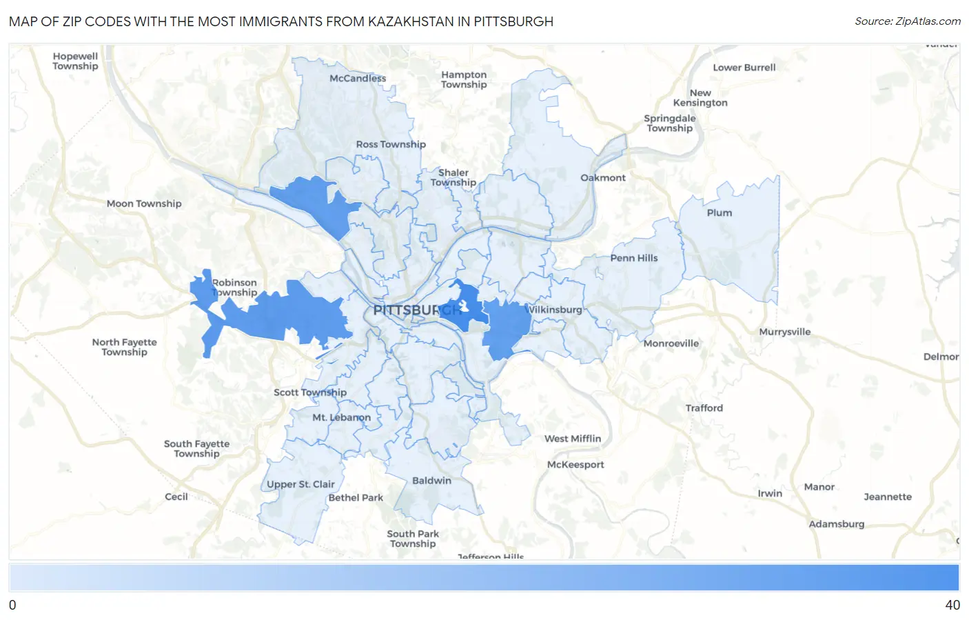 Zip Codes with the Most Immigrants from Kazakhstan in Pittsburgh Map