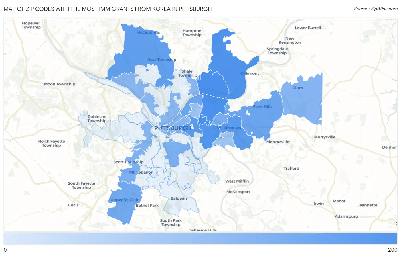 Zip Codes with the Most Immigrants from Korea in Pittsburgh Map