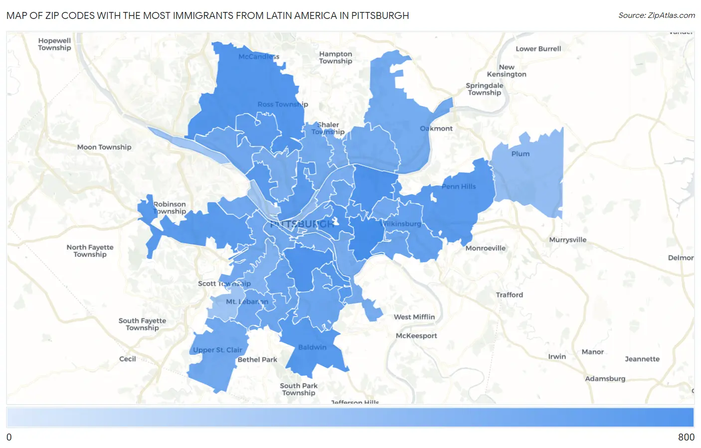 Zip Codes with the Most Immigrants from Latin America in Pittsburgh Map