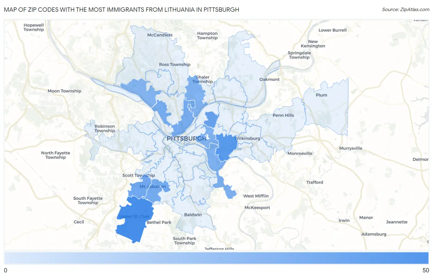Zip Codes with the Most Immigrants from Lithuania in Pittsburgh Map
