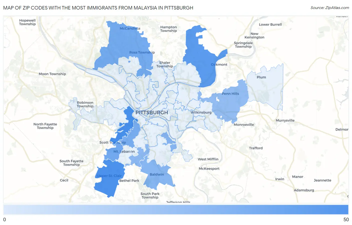 Zip Codes with the Most Immigrants from Malaysia in Pittsburgh Map
