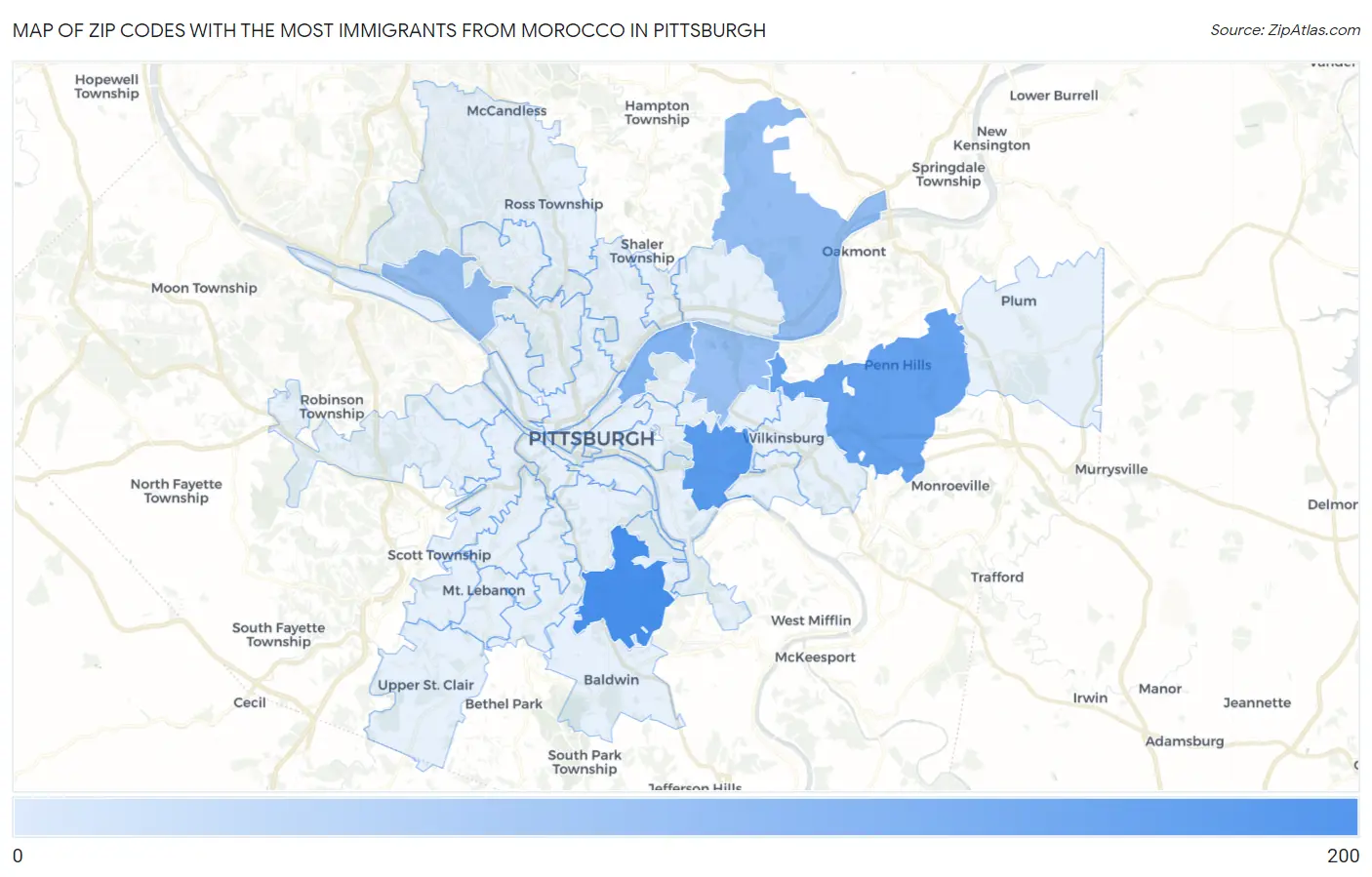 Zip Codes with the Most Immigrants from Morocco in Pittsburgh Map