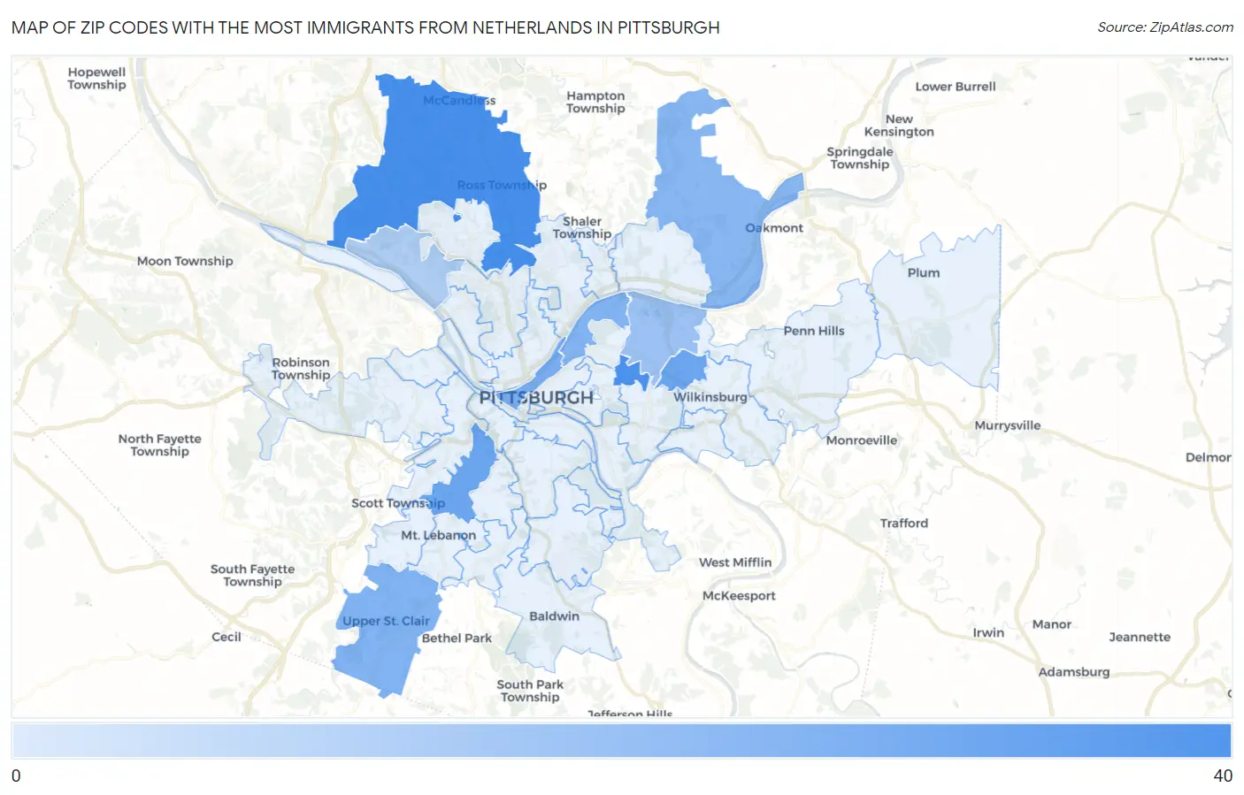 Zip Codes with the Most Immigrants from Netherlands in Pittsburgh Map