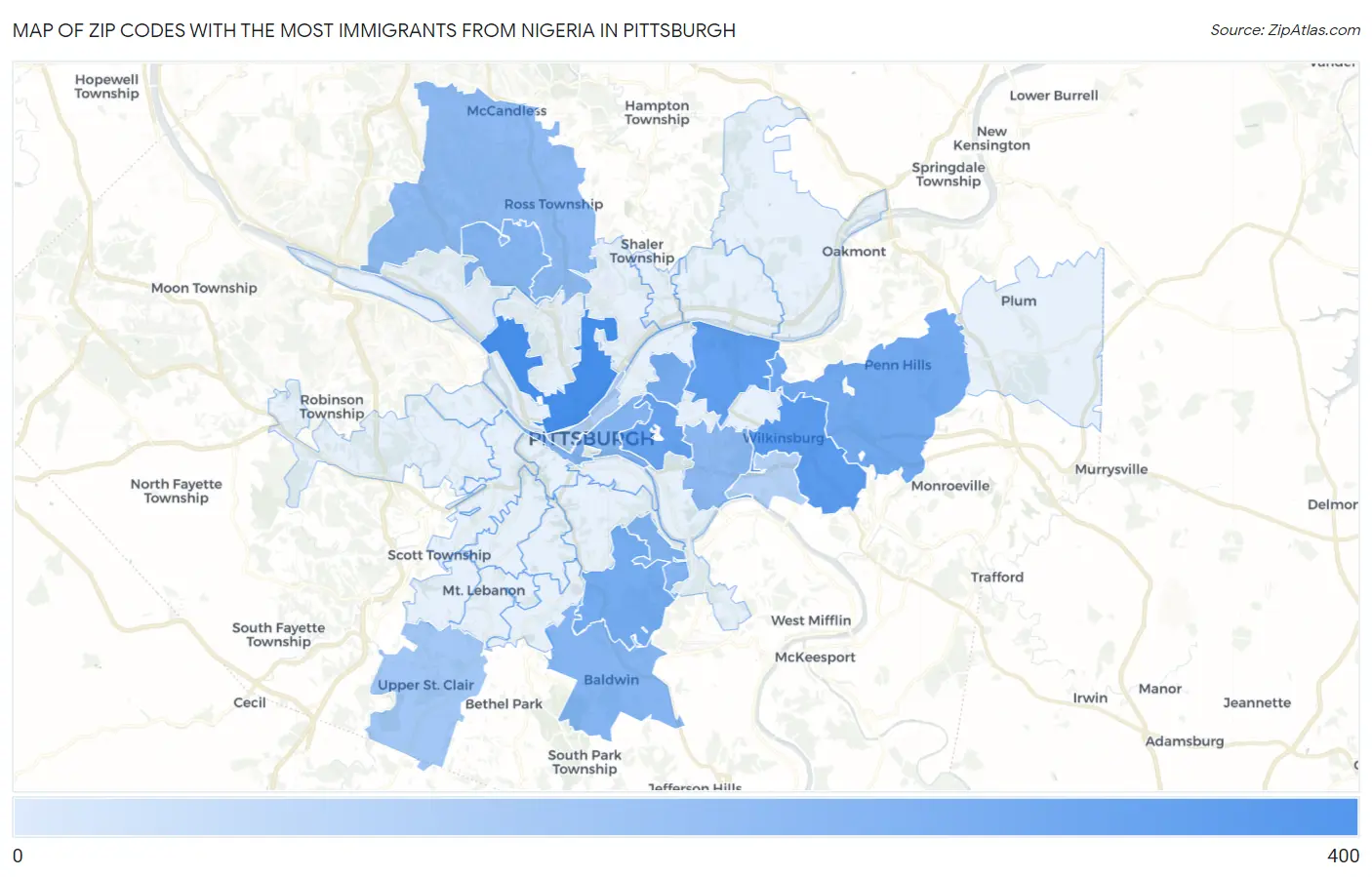 Zip Codes with the Most Immigrants from Nigeria in Pittsburgh Map