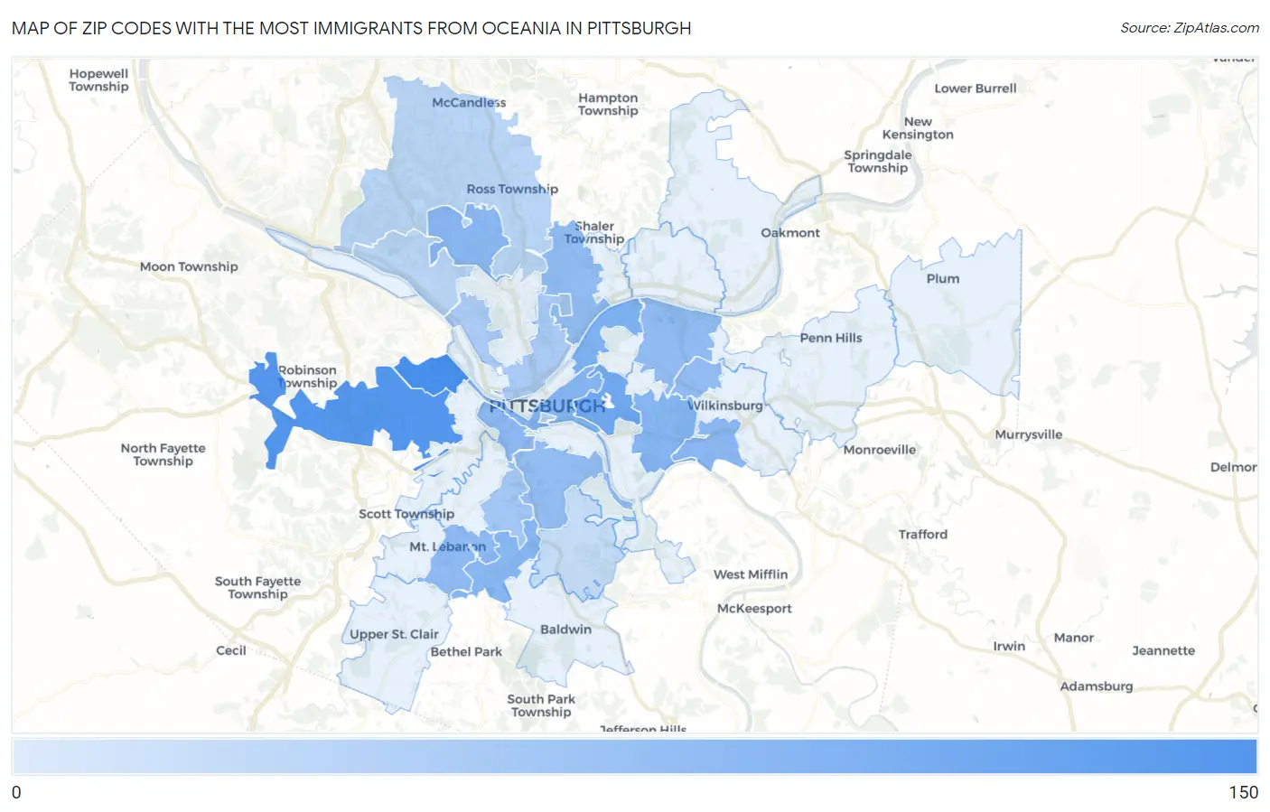 Zip Codes with the Most Immigrants from Oceania in Pittsburgh Map