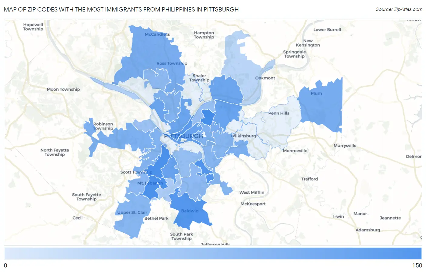 Zip Codes with the Most Immigrants from Philippines in Pittsburgh Map