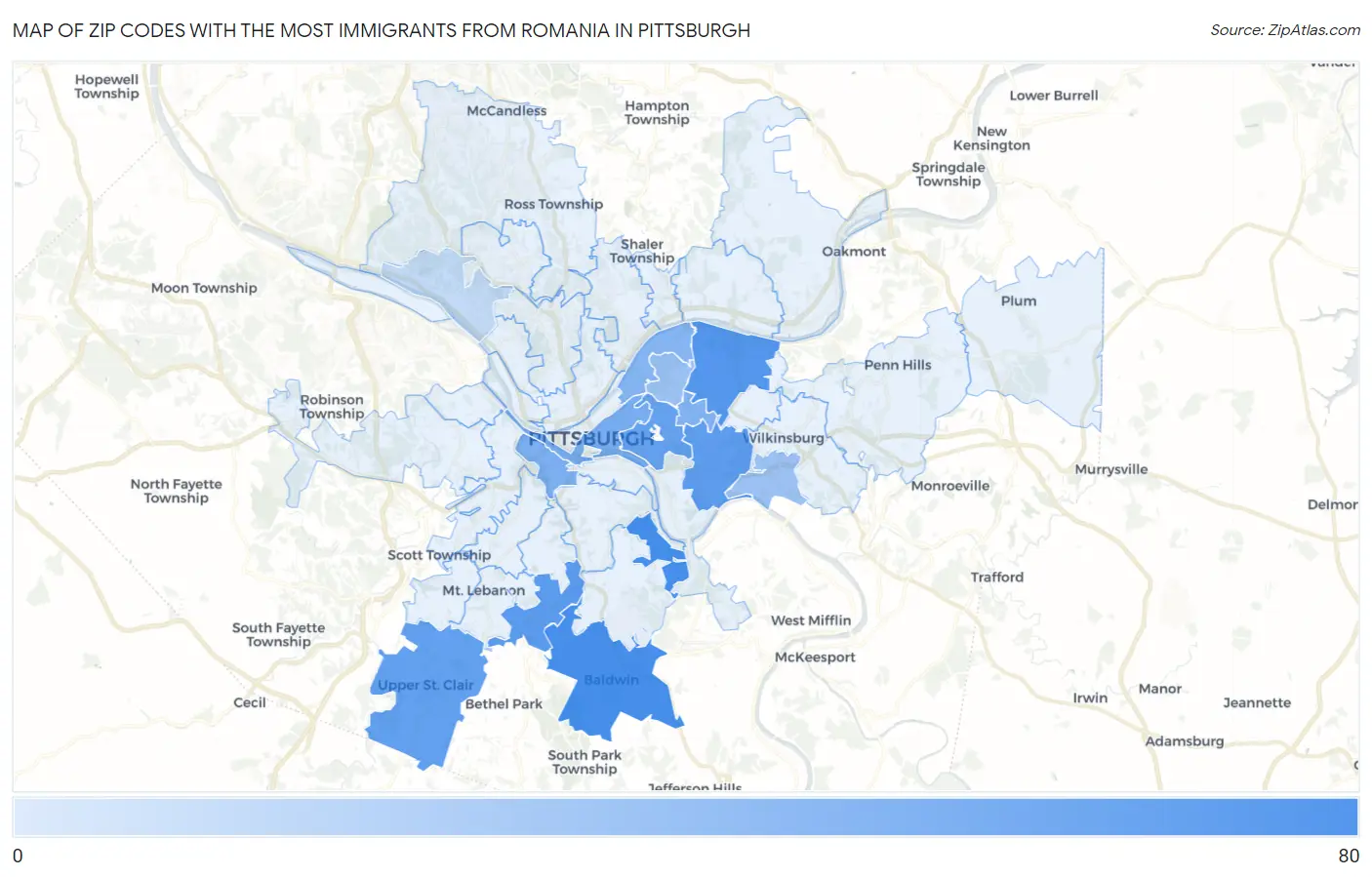 Zip Codes with the Most Immigrants from Romania in Pittsburgh Map