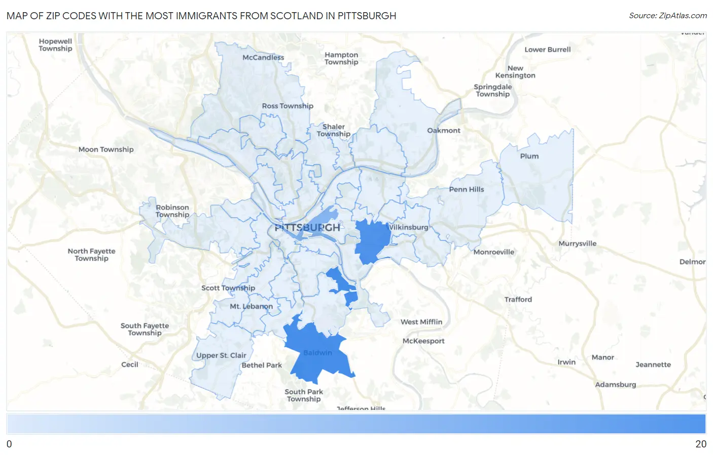 Zip Codes with the Most Immigrants from Scotland in Pittsburgh Map