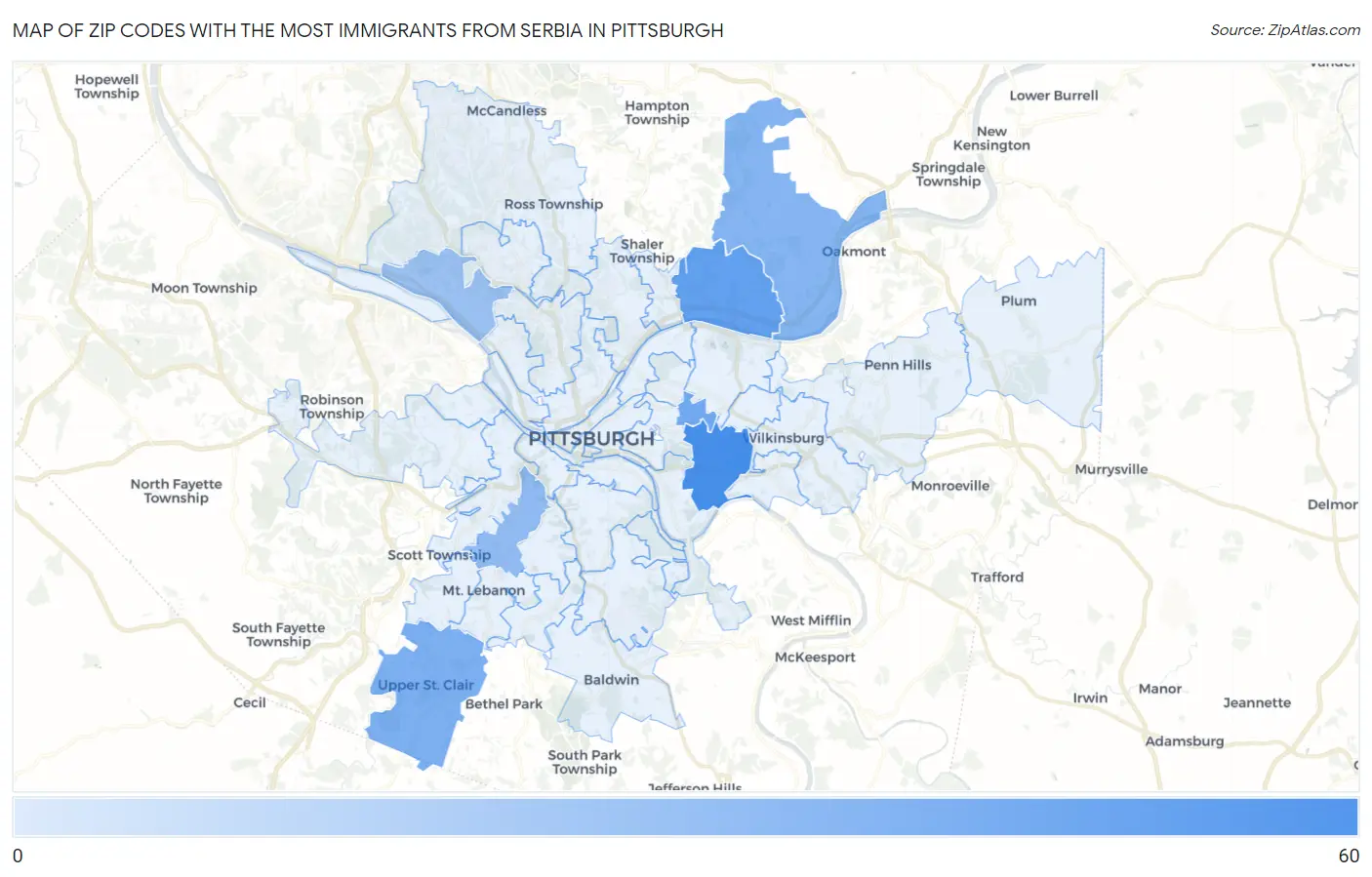 Zip Codes with the Most Immigrants from Serbia in Pittsburgh Map