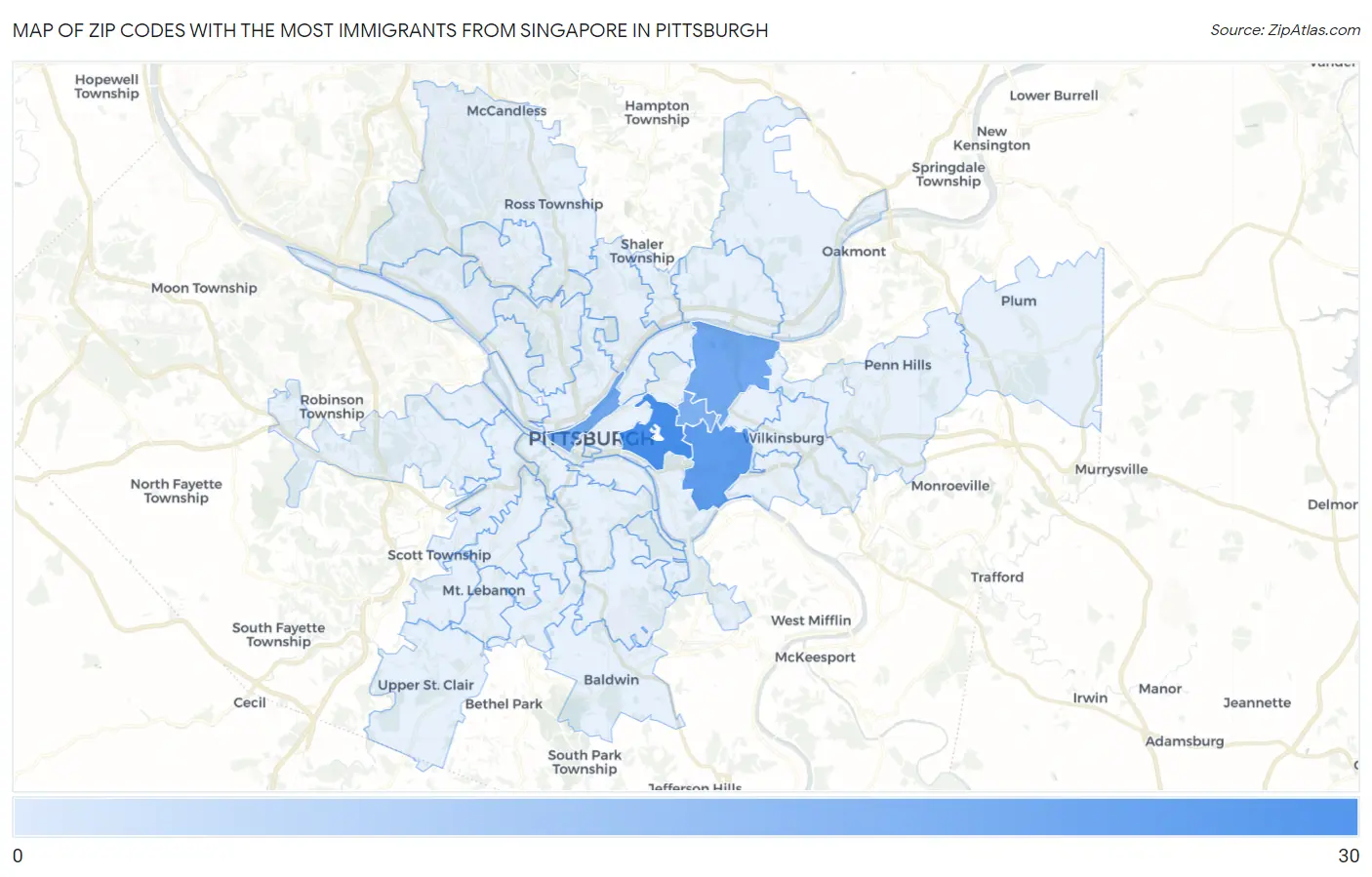 Zip Codes with the Most Immigrants from Singapore in Pittsburgh Map