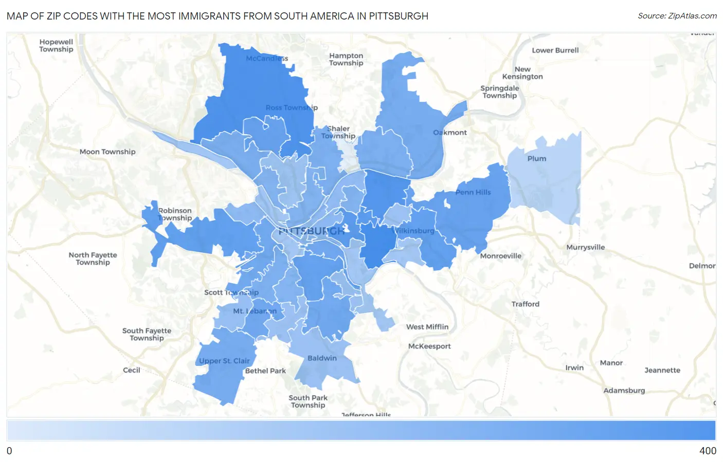 Zip Codes with the Most Immigrants from South America in Pittsburgh Map