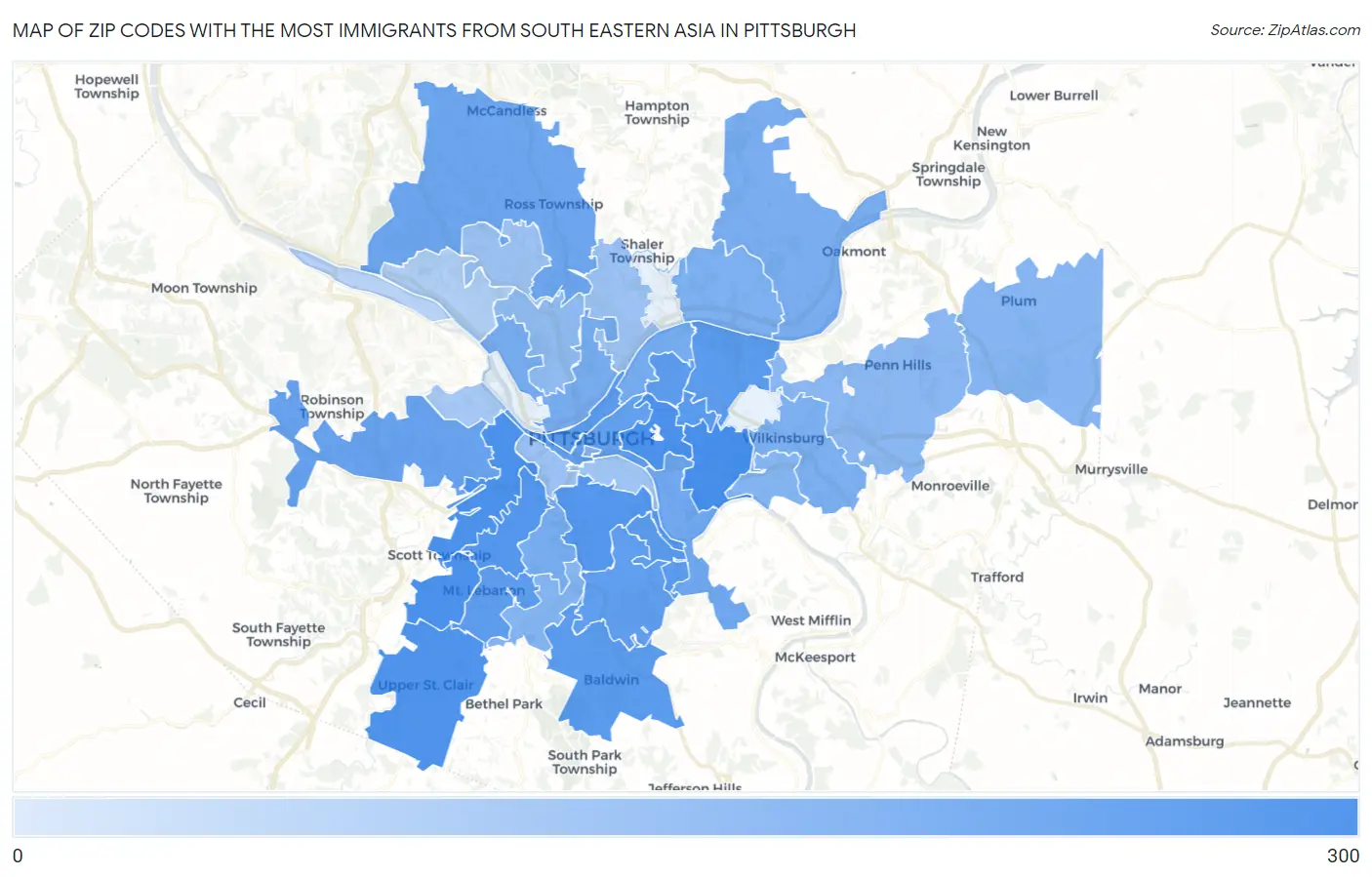 Zip Codes with the Most Immigrants from South Eastern Asia in Pittsburgh Map