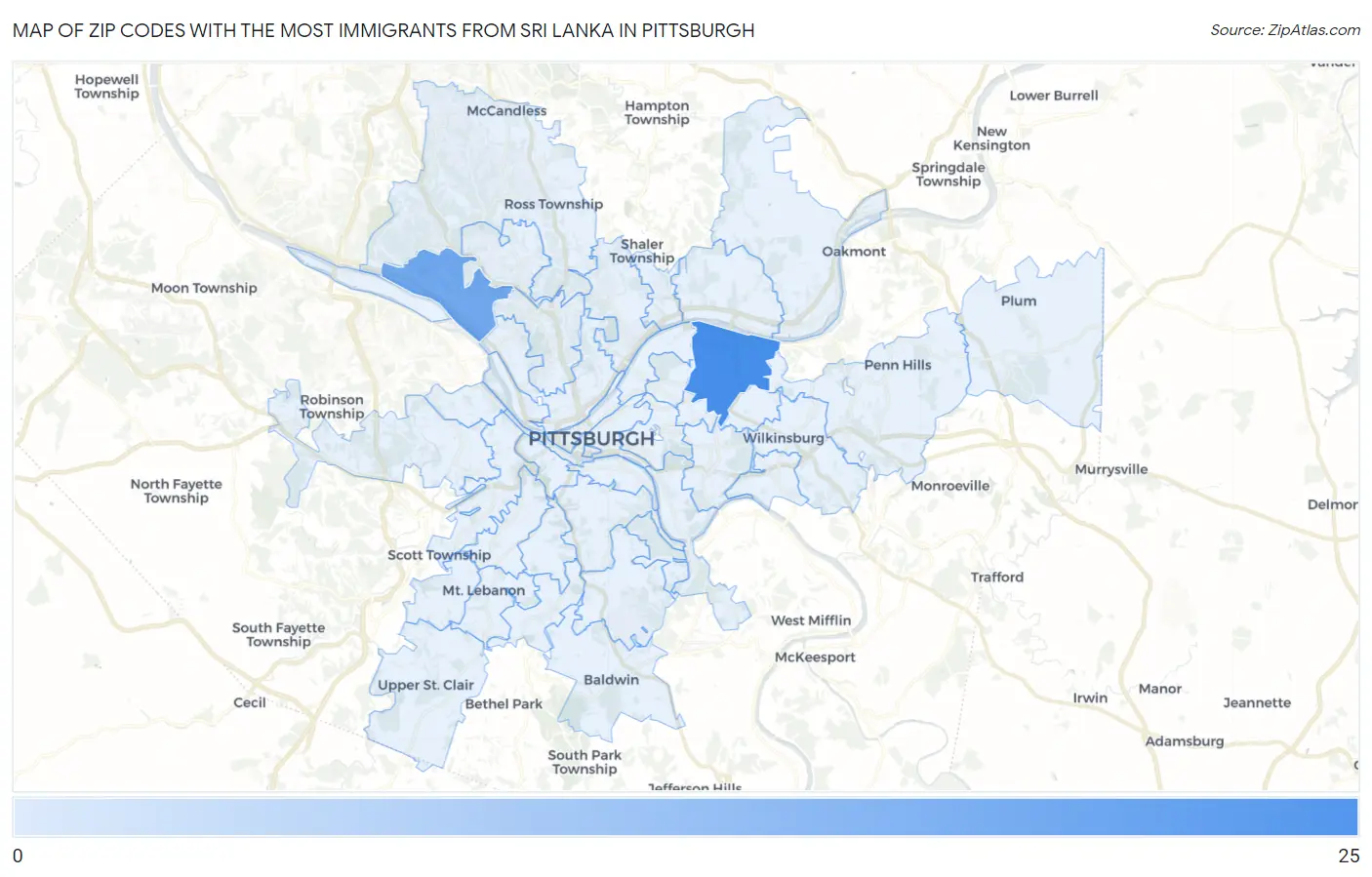 Zip Codes with the Most Immigrants from Sri Lanka in Pittsburgh Map