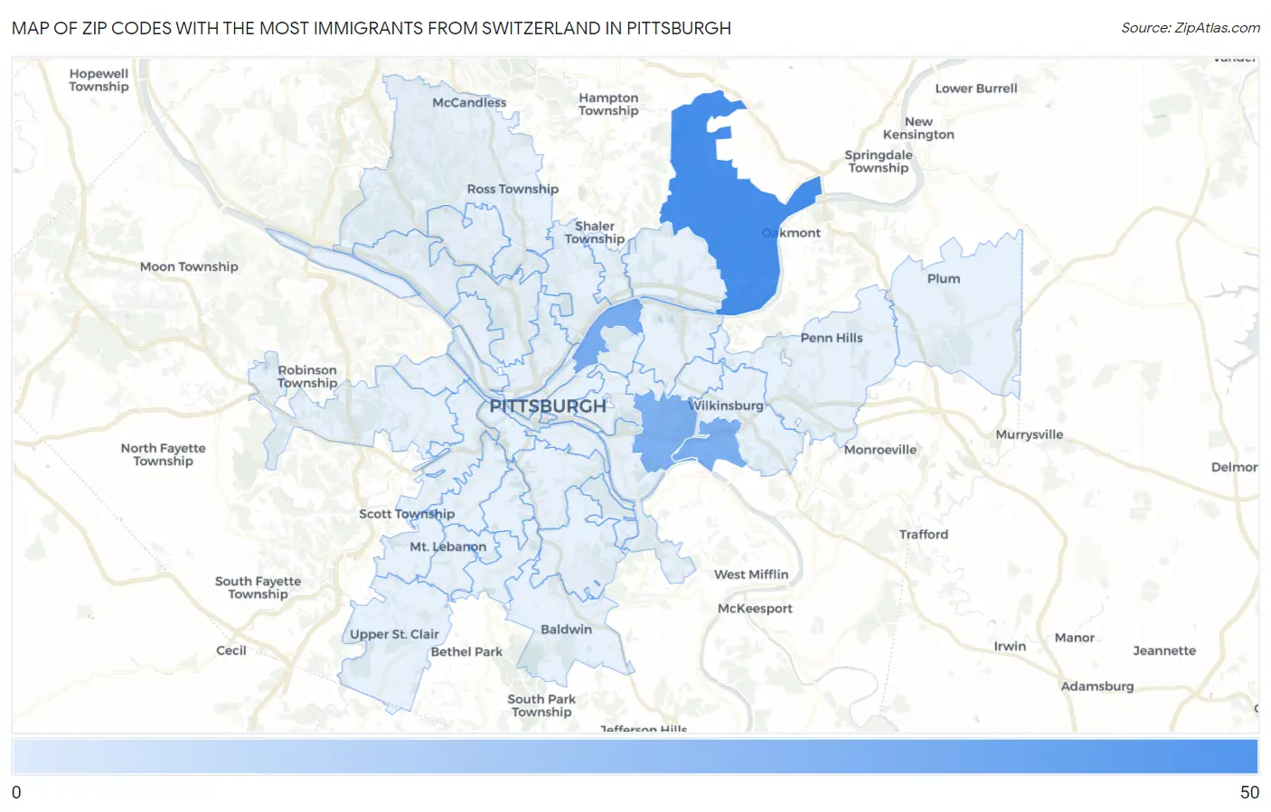 Zip Codes with the Most Immigrants from Switzerland in Pittsburgh Map