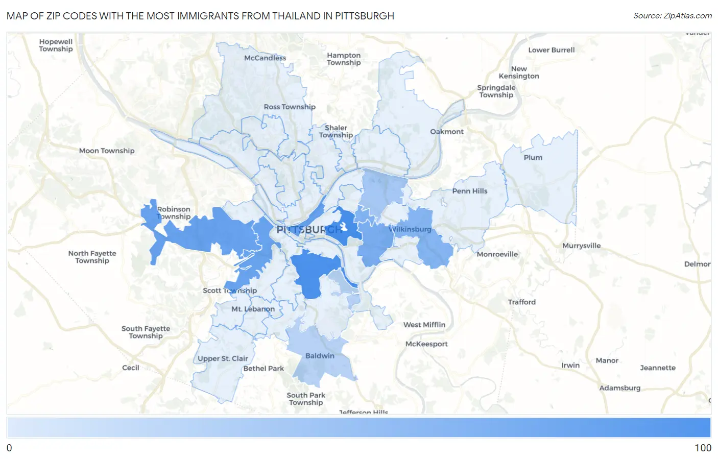 Zip Codes with the Most Immigrants from Thailand in Pittsburgh Map
