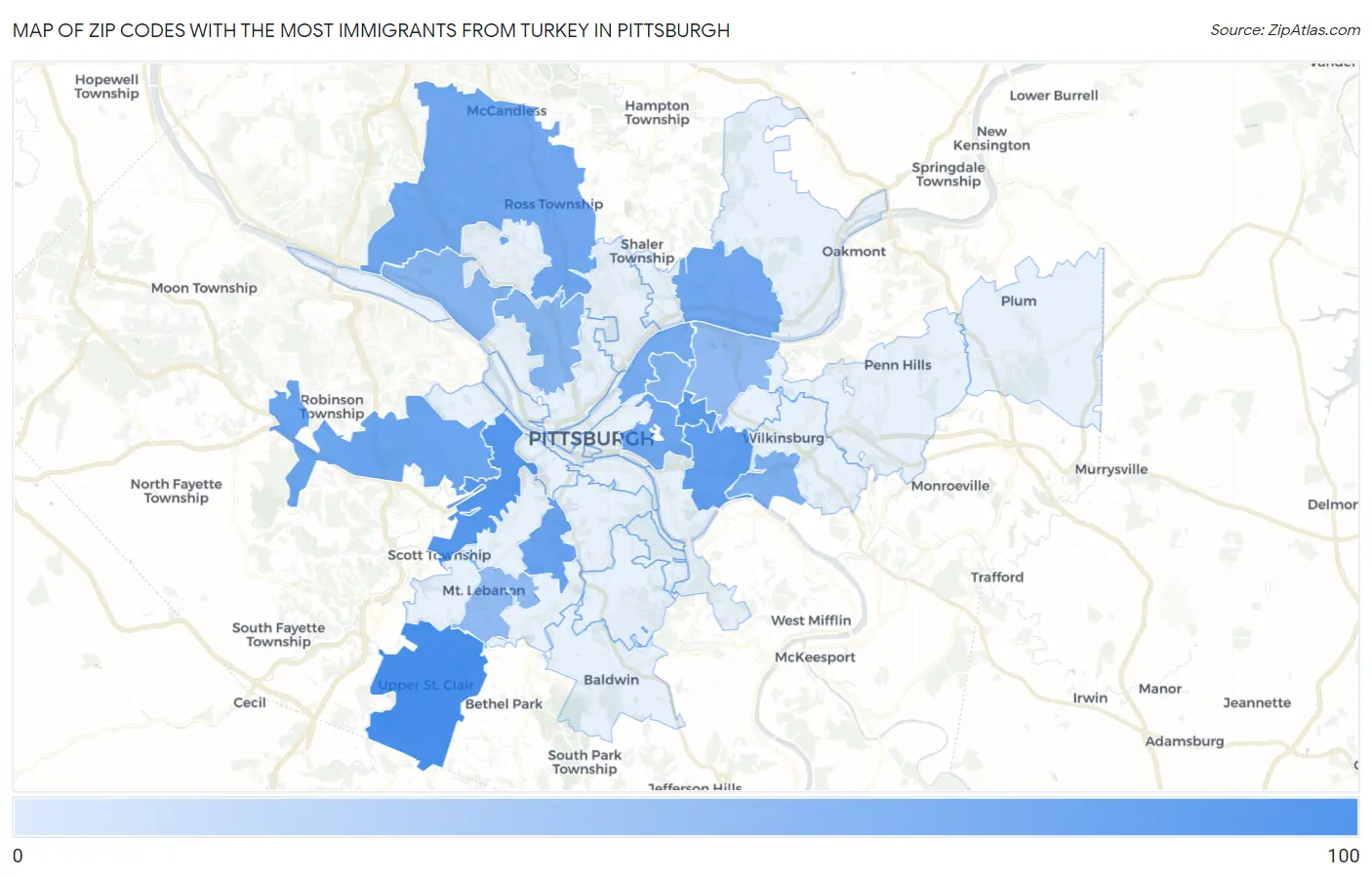 Zip Codes with the Most Immigrants from Turkey in Pittsburgh Map