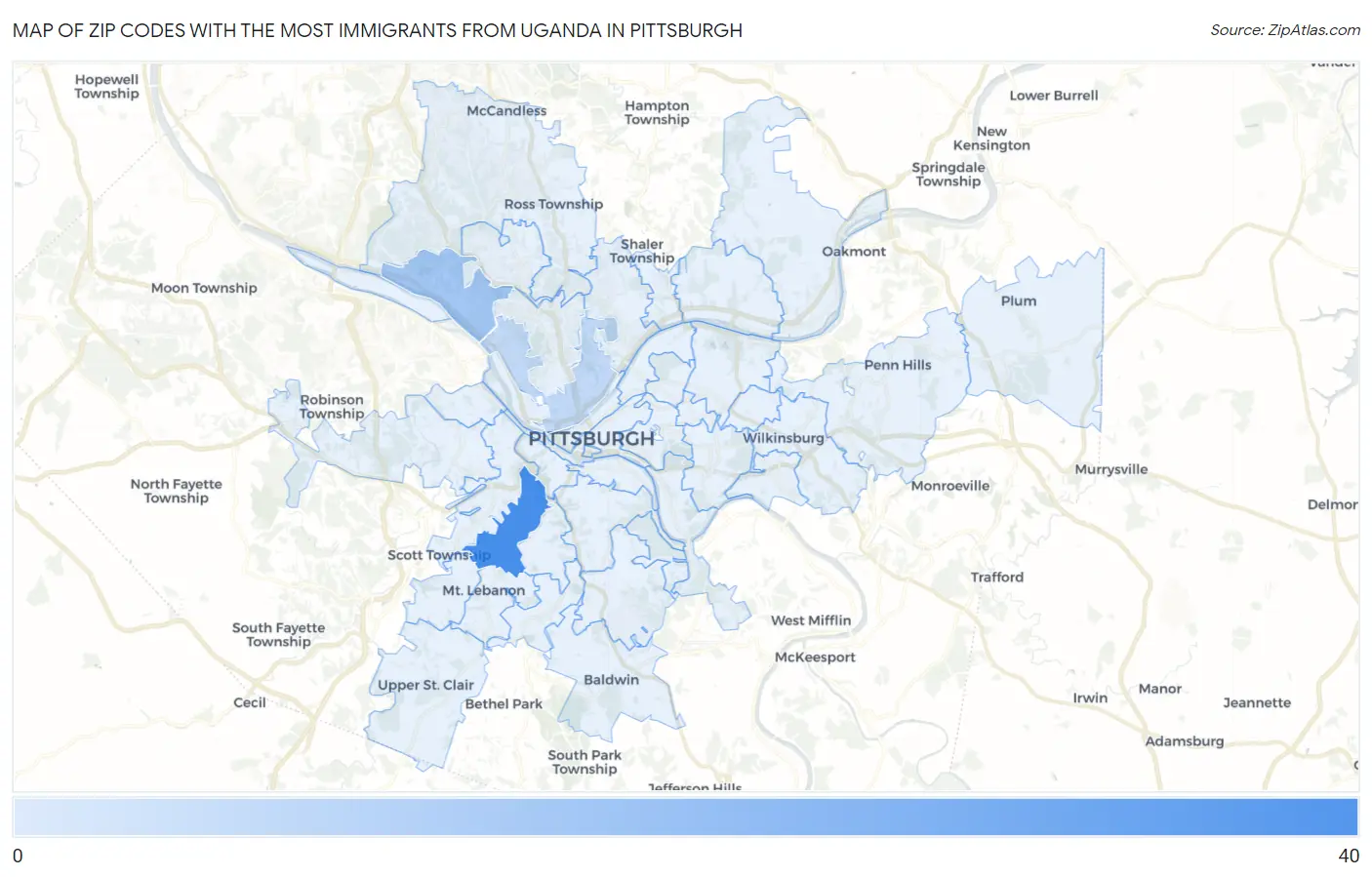 Zip Codes with the Most Immigrants from Uganda in Pittsburgh Map
