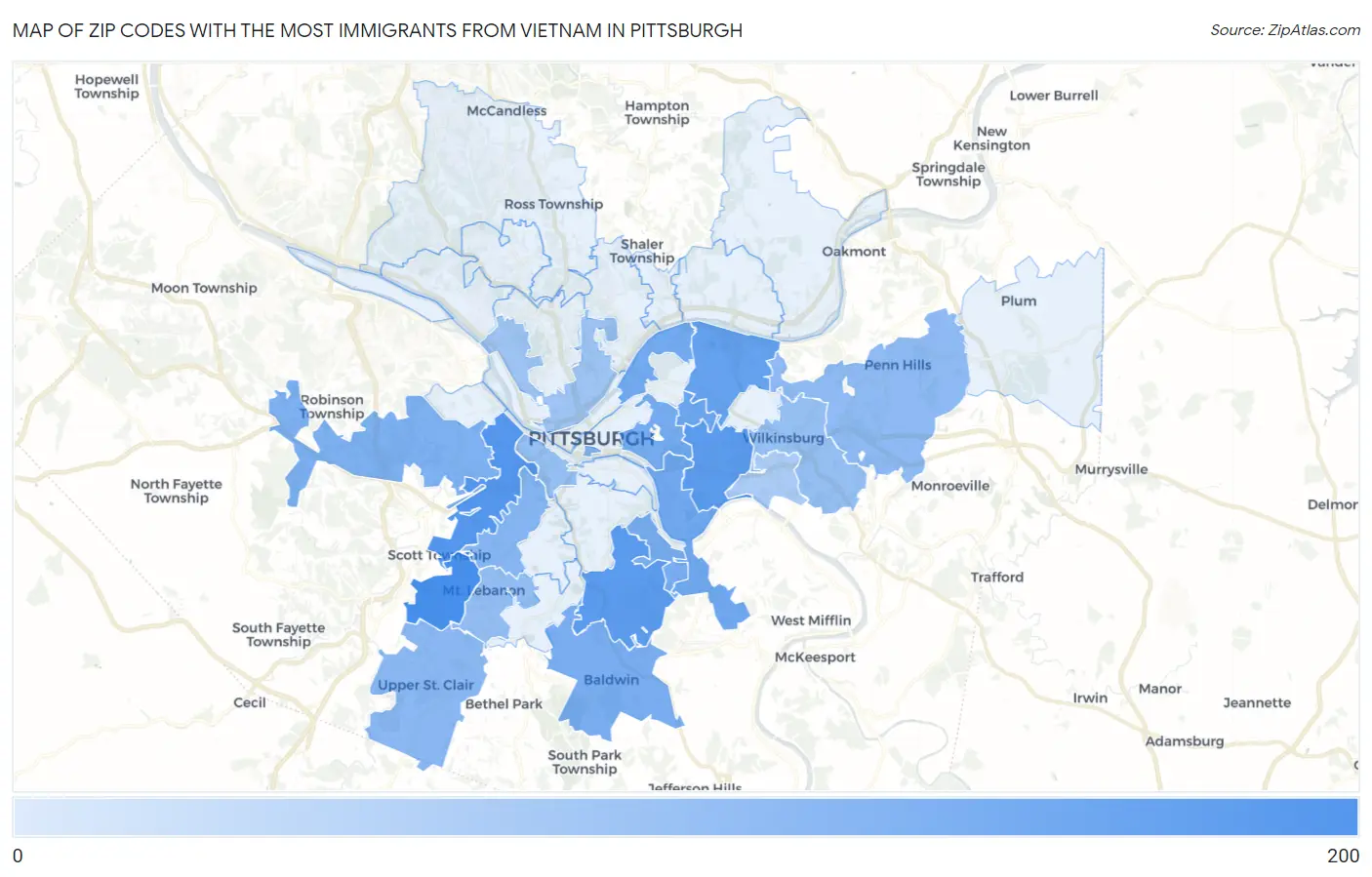 Zip Codes with the Most Immigrants from Vietnam in Pittsburgh Map