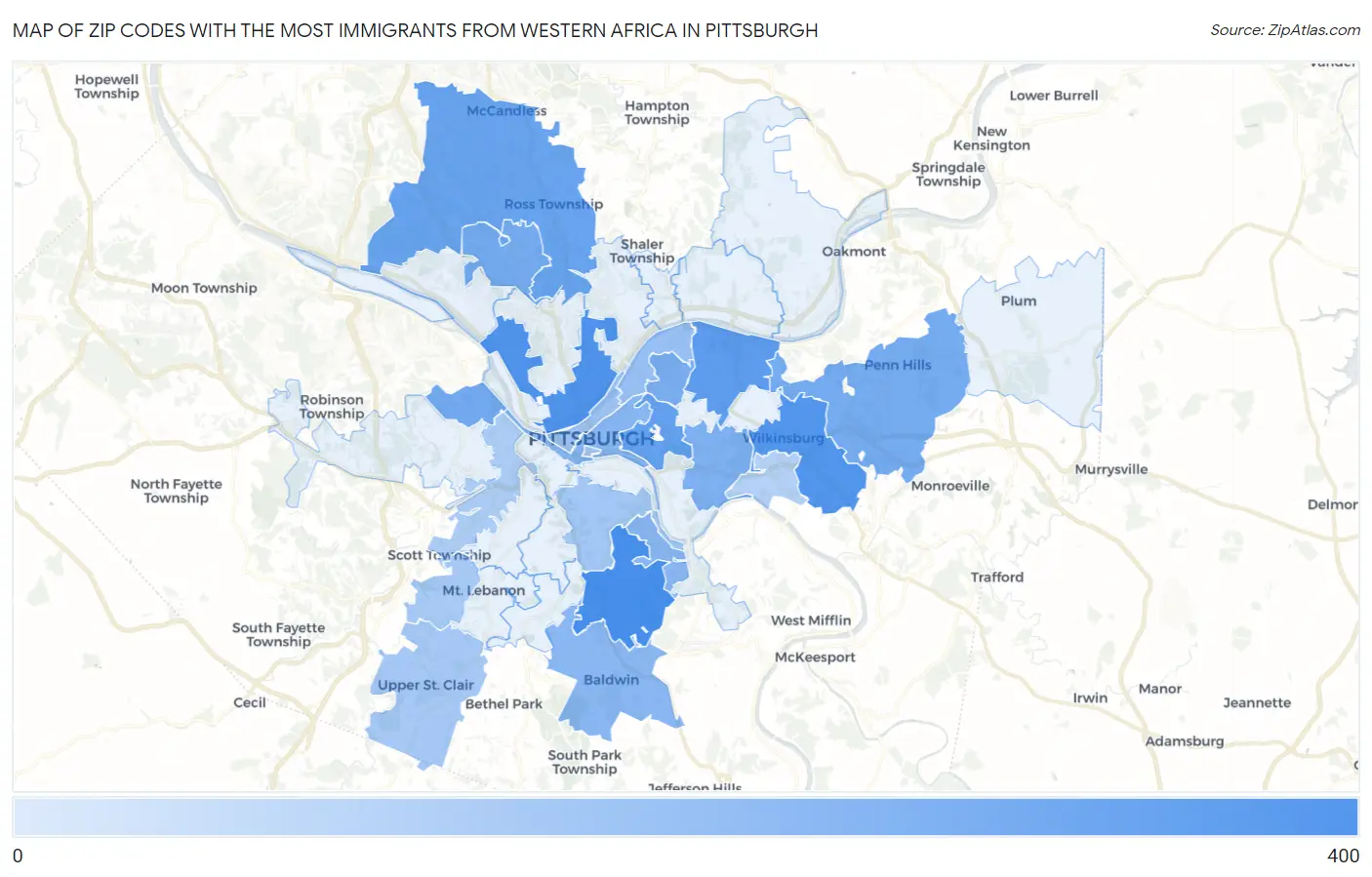 Zip Codes with the Most Immigrants from Western Africa in Pittsburgh Map