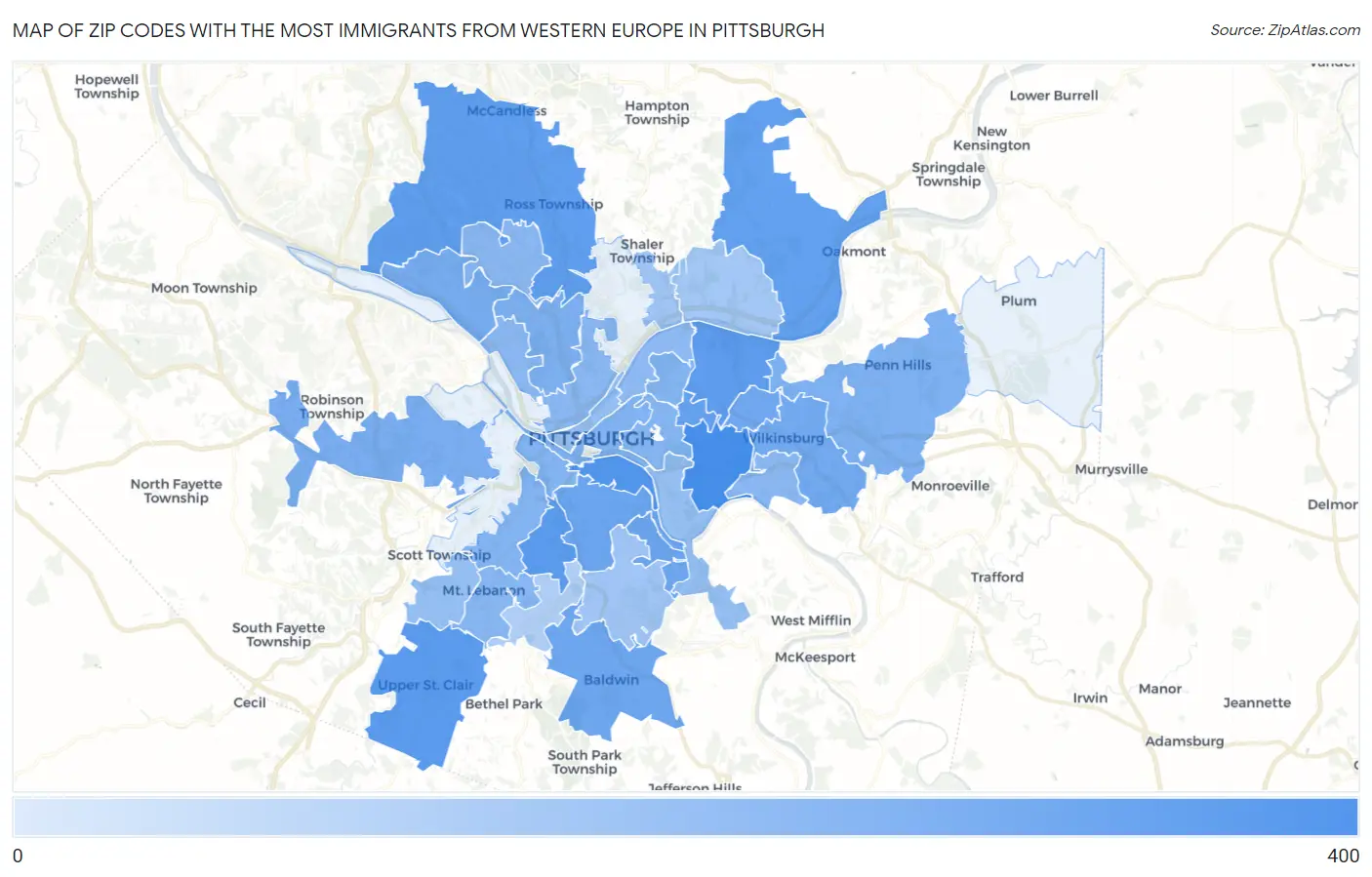 Zip Codes with the Most Immigrants from Western Europe in Pittsburgh Map