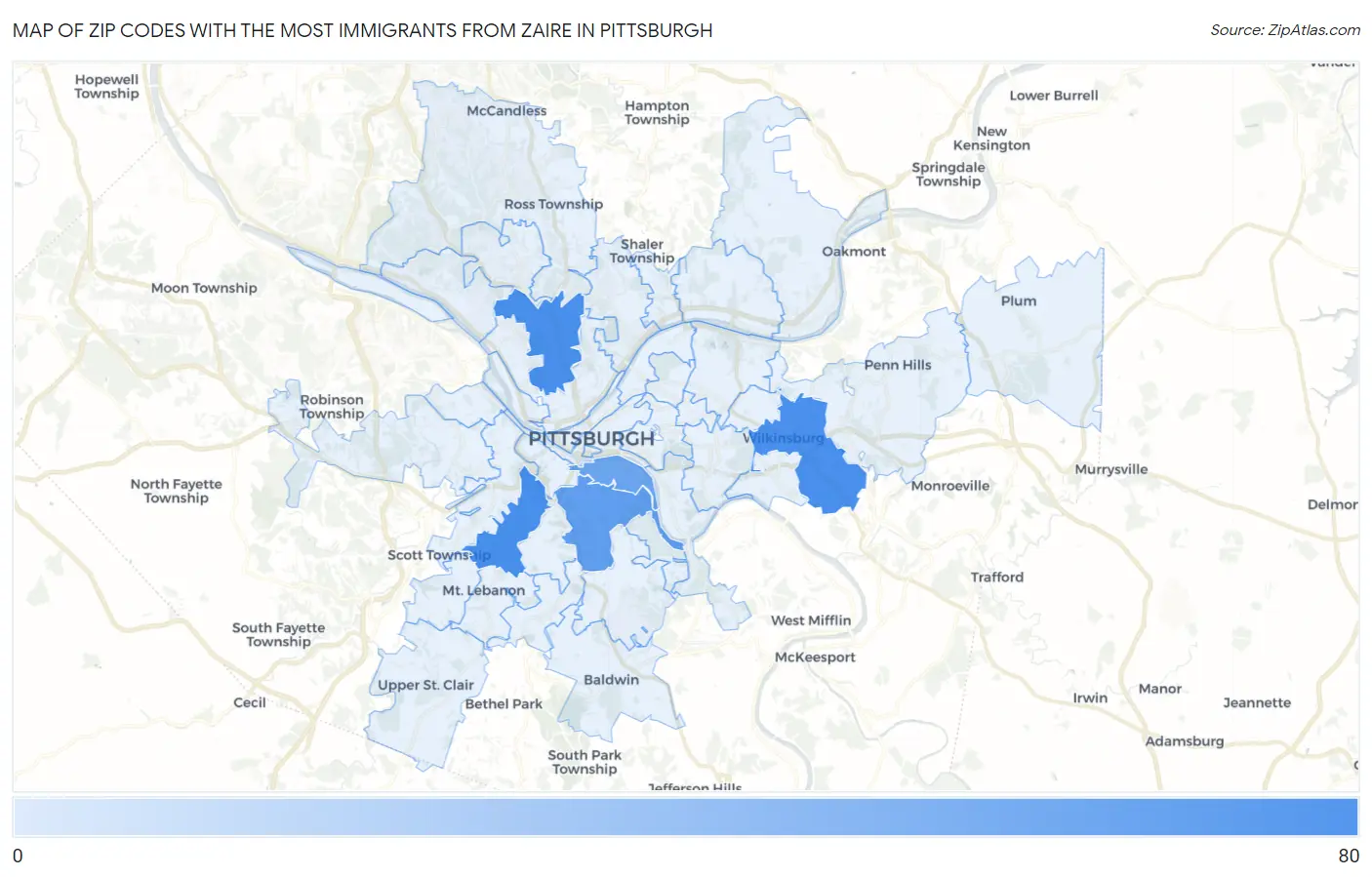 Zip Codes with the Most Immigrants from Zaire in Pittsburgh Map