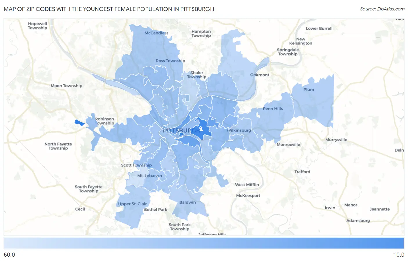 Zip Codes with the Youngest Female Population in Pittsburgh Map