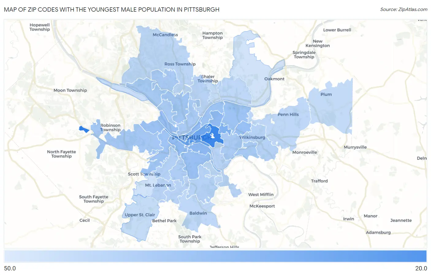 Zip Codes with the Youngest Male Population in Pittsburgh Map