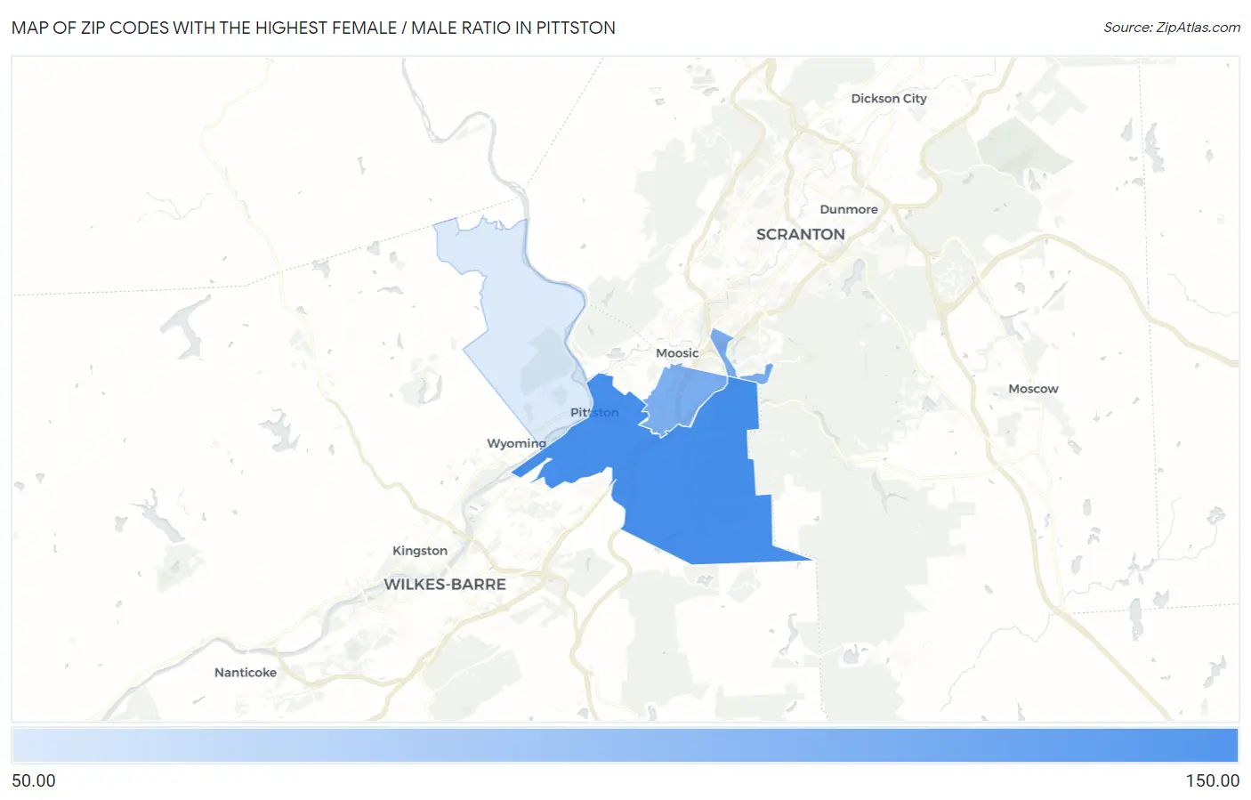 Zip Codes with the Highest Female / Male Ratio in Pittston Map