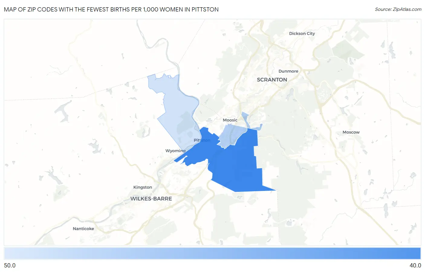 Zip Codes with the Fewest Births per 1,000 Women in Pittston Map