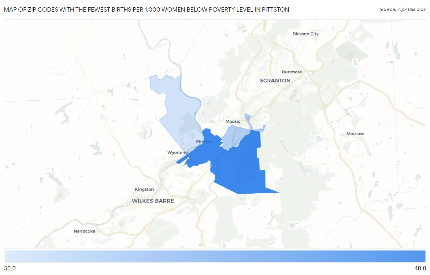 Zip Codes with the Fewest Births per 1,000 Women Below Poverty Level in Pittston Map