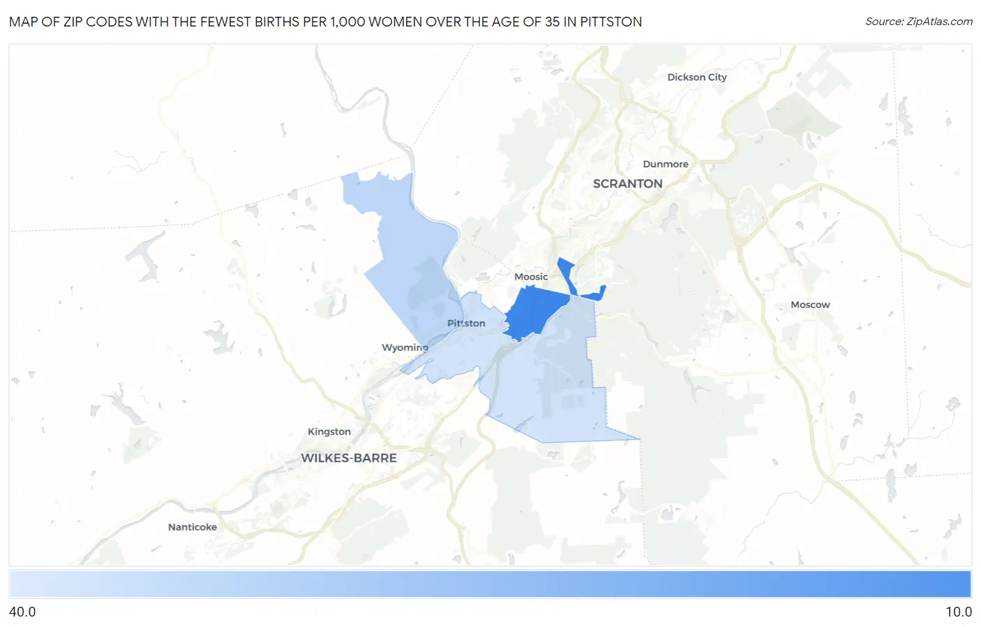 Zip Codes with the Fewest Births per 1,000 Women Over the Age of 35 in Pittston Map